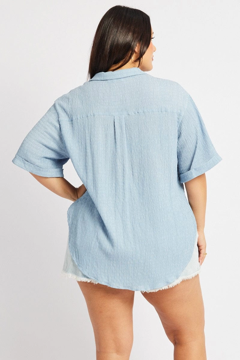 Odorless Binding Tape Resort Wear Blue Relaxed Shirt Short Sleeve Textured