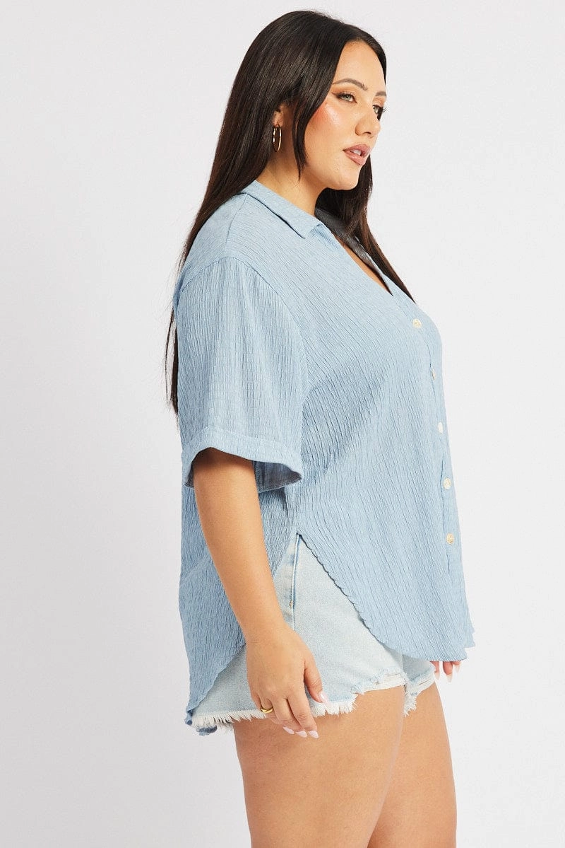 Blue Relaxed Shirt Short Sleeve Textured Graphic Art