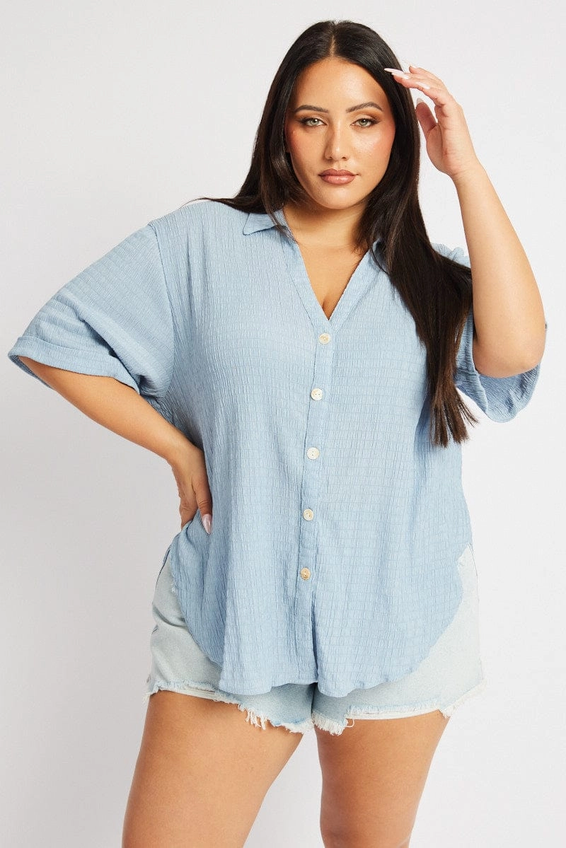 Blue Relaxed Shirt Short Sleeve Textured checkered pattern Versatile Styling