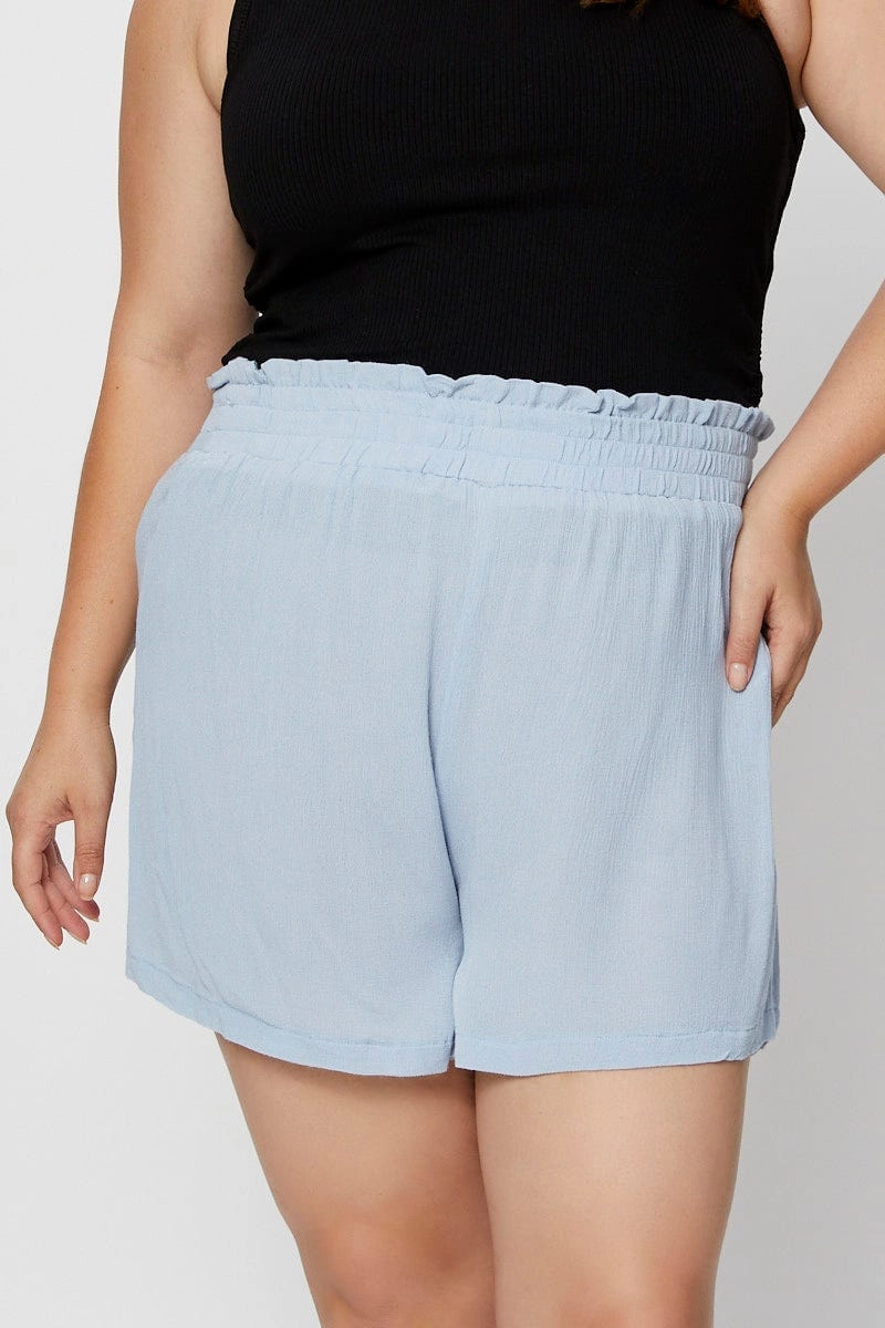 Blue Shorts High Rise Shirred Waist Durable Hemming