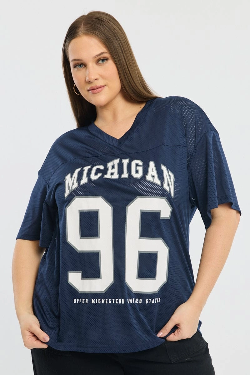 Blue Sport Tee Short Sleeve V-neck Drop Shoulder Design Geometric Pattern