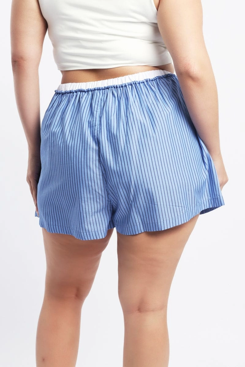 Sleek Fit Blue Stripe Contrast Waistband Pocket Cotton Shorts