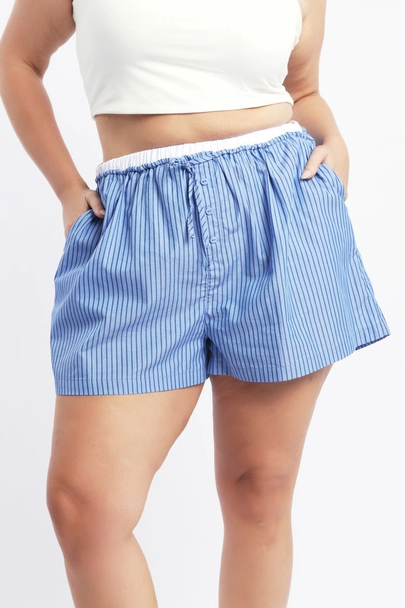 Light Reflective Trim Blue Stripe Contrast Waistband Pocket Cotton Shorts