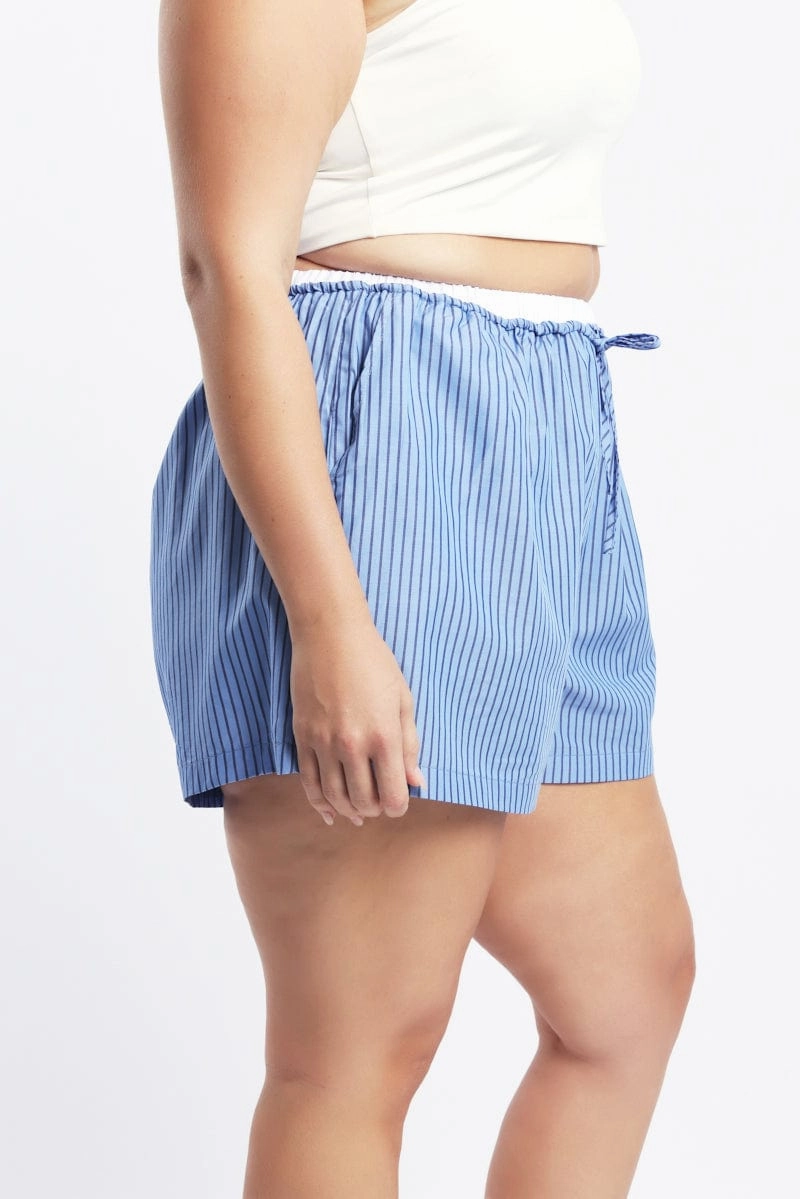 Floral Print vest Blue Stripe Contrast Waistband Pocket Cotton Shorts