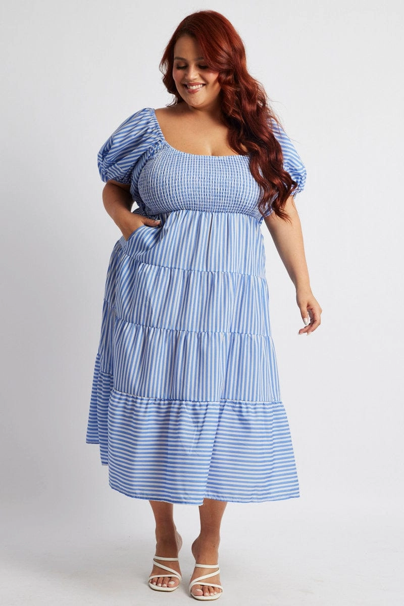 Blue Stripe Midi Dress Short Sleeve Shirred Beaded-Edge Clean Tone