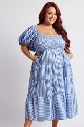 Blue Stripe Midi Dress Short Sleeve Shirred Casual event outfit Smart Fit