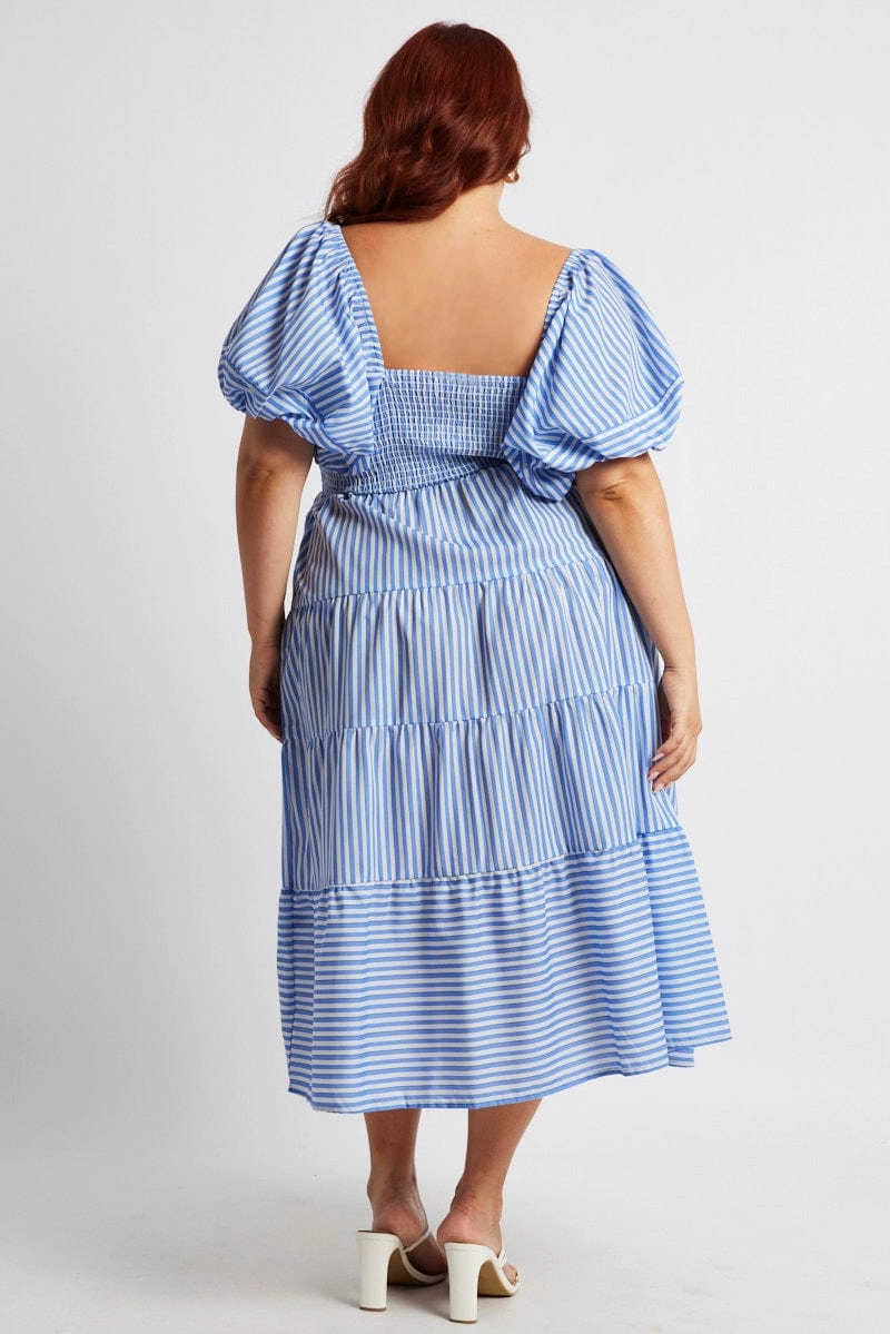 Blue Stripe Midi Dress Short Sleeve Shirred Edge Shape
