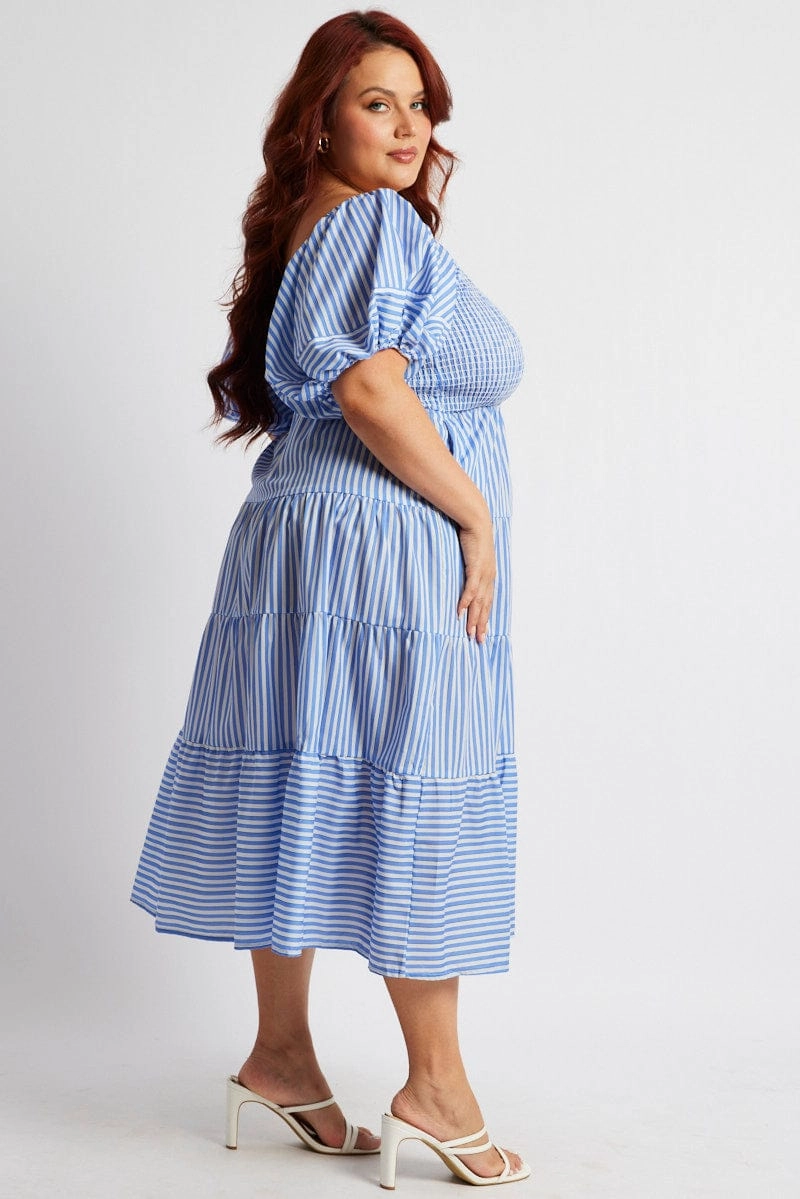 Evening Ready Linen-Blend Blue Stripe Midi Dress Short Sleeve Shirred