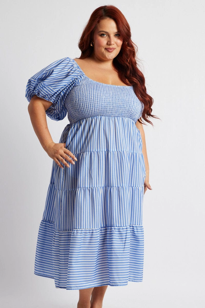 Blue Stripe Midi Dress Short Sleeve Shirred Air Beauty