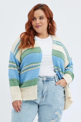 Reinforced Shoulders Blue Stripe Oversized Knit Cardigan