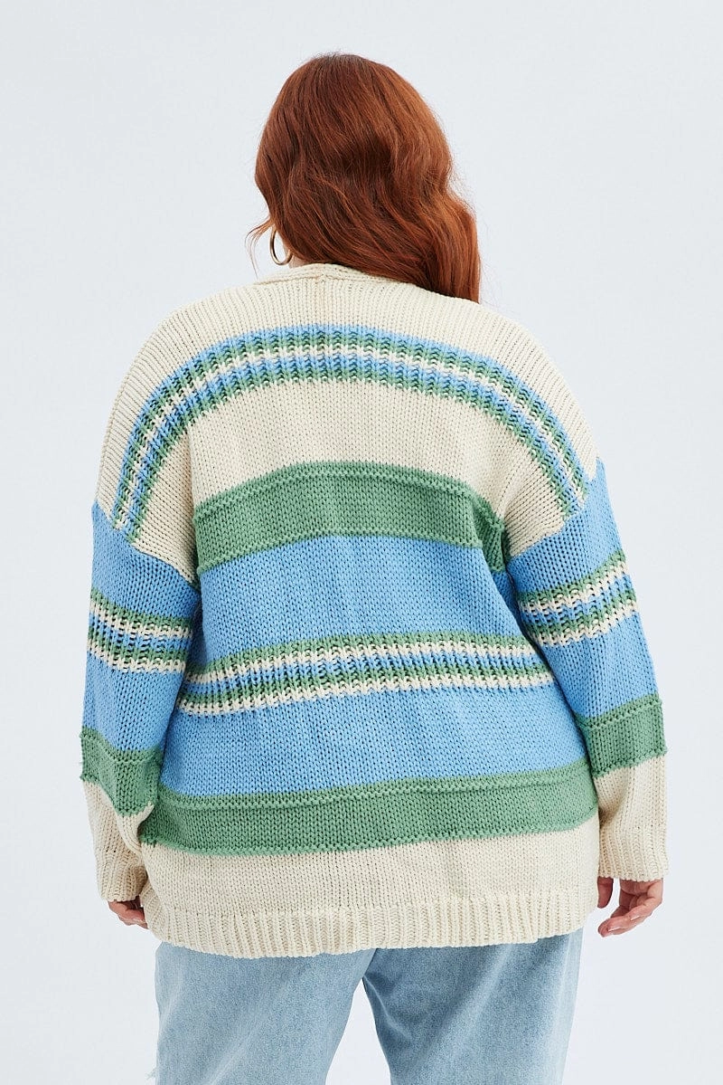 Airtight Seam Sealing Full Zip Closure Blue Stripe Oversized Knit Cardigan