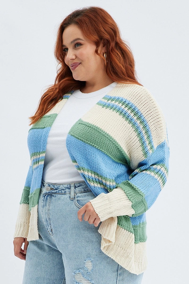 Blue Stripe Oversized Knit Cardigan Ventilation Panels