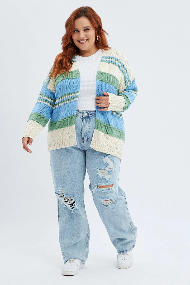 Layering Compatible Cut Blue Stripe Oversized Knit Cardigan