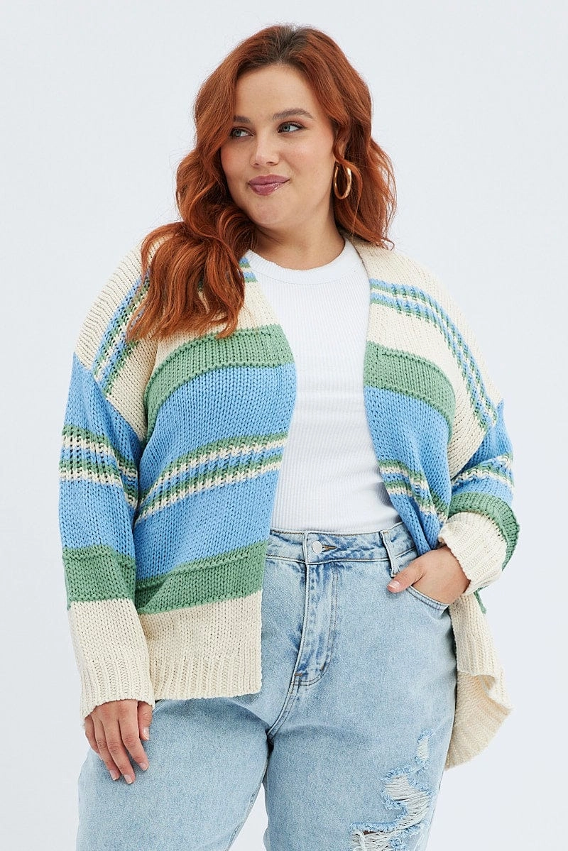 Reinforced Shoulders Blue Stripe Oversized Knit Cardigan