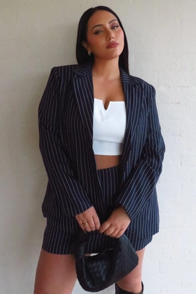 Adjustable Hem Fall Outfit Blue Stripe Pinstripe Blazer