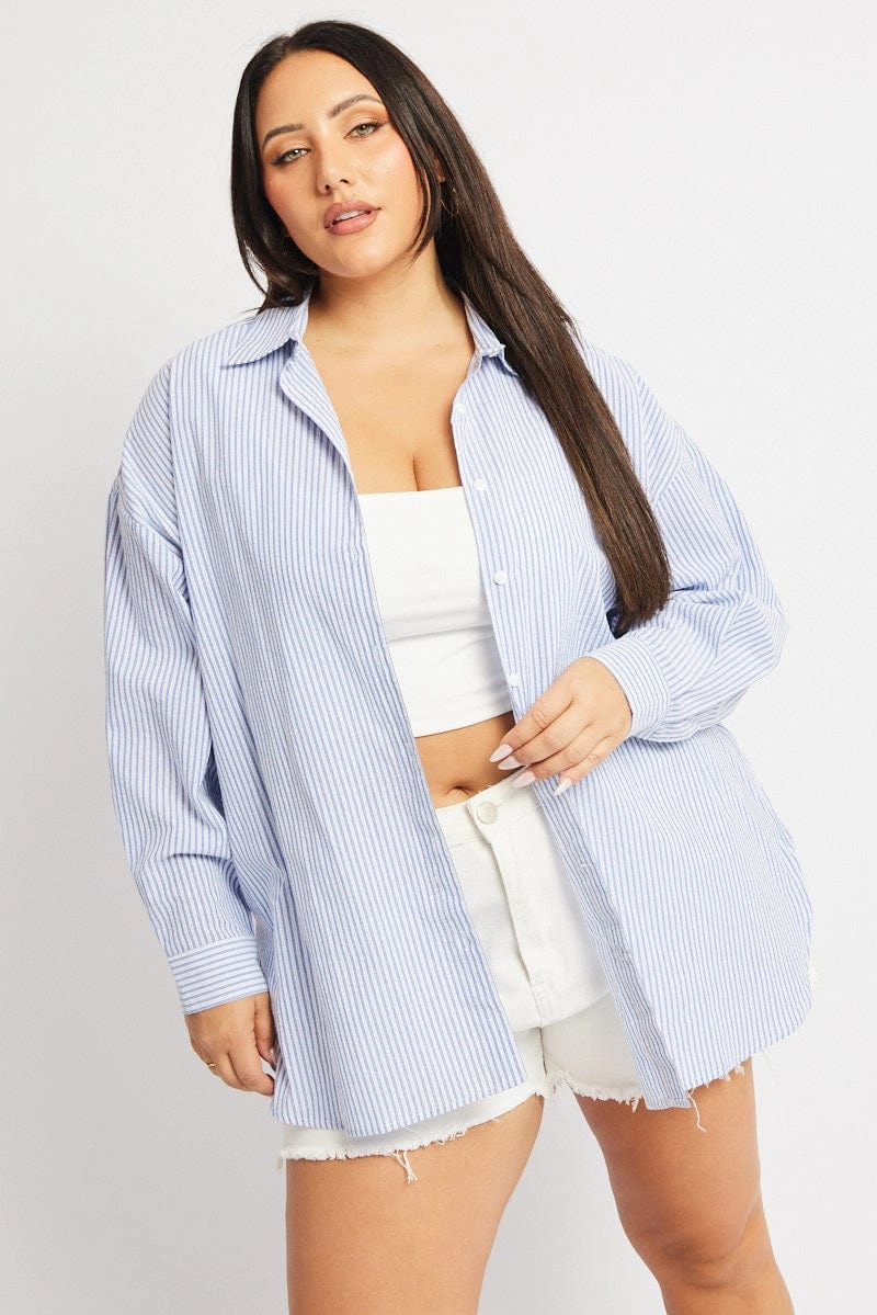 Hooded Neckline Work From Home Blue Stripe Relaxed Shirt Long Sleeve