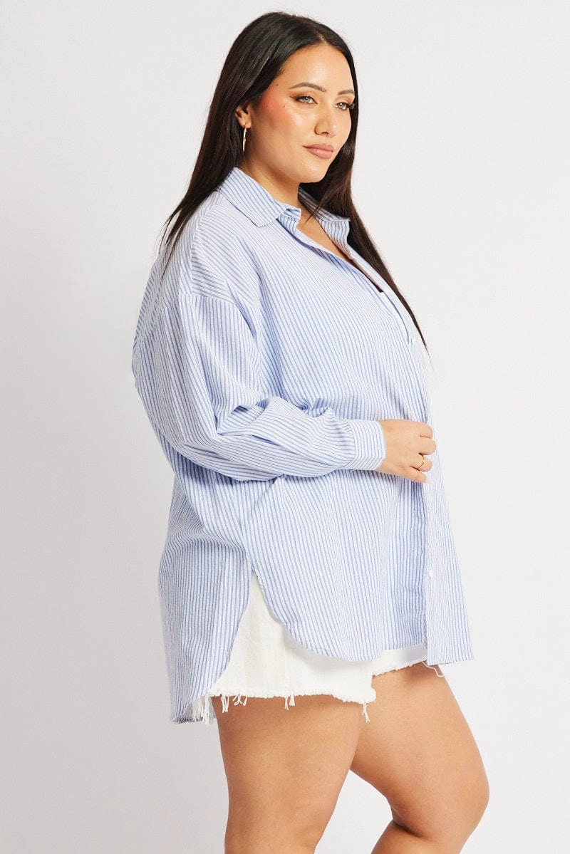 Seasonal Trend Odor Control Fabric Blue Stripe Relaxed Shirt Long Sleeve