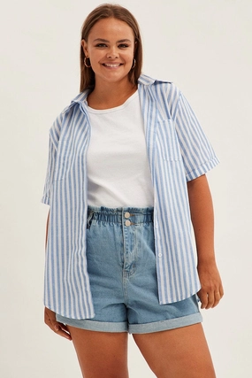 Blue Stripe Relaxed Shirt Short Sleeve Button Up Workwear Essential