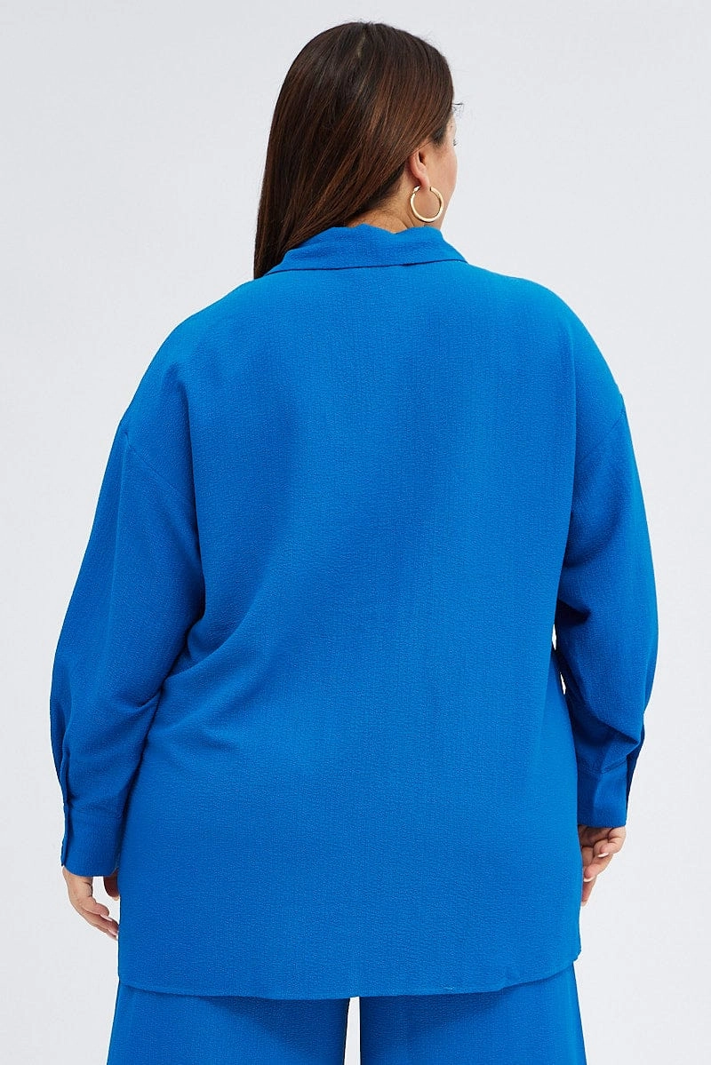 Blue Textured Shirt Crinkle Button Through Oversized Geometric Pattern