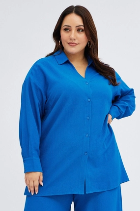 Light Option Blue Textured Shirt Crinkle Button Through Oversized