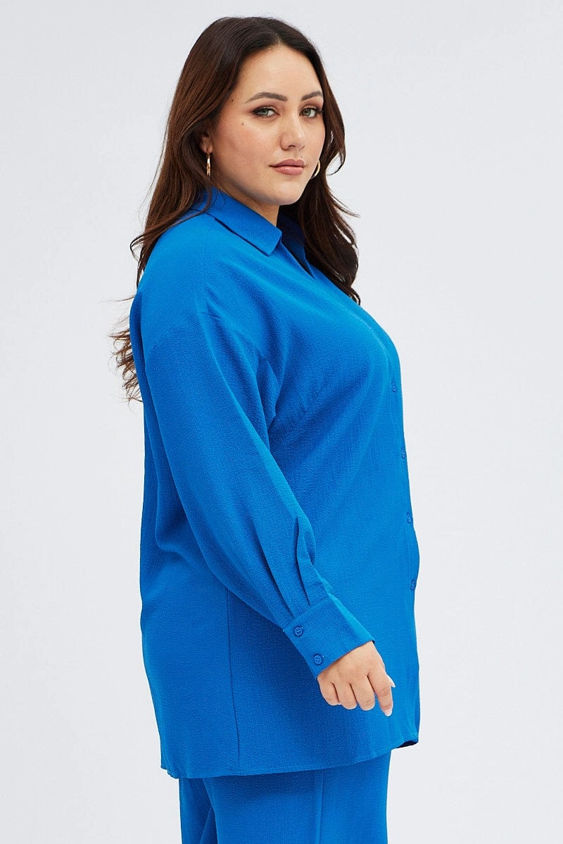 Blue Textured Shirt Crinkle Button Through Oversized Midweight Textile Slim Silhouette