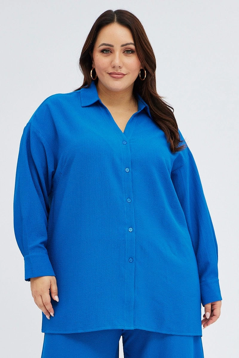 Trendsetting Design Eco Friendly Material Blue Textured Shirt Crinkle Button Through Oversized
