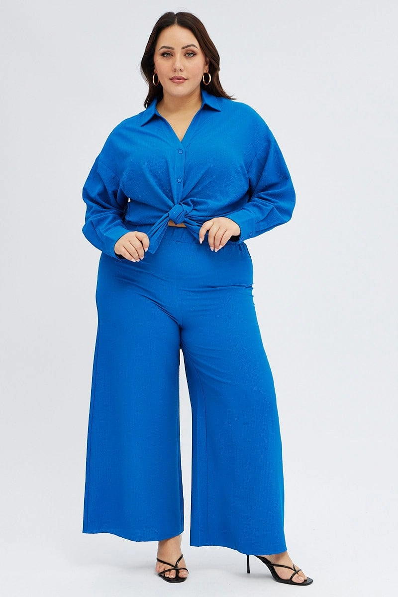 Blue Textured Shirt Crinkle Button Through Oversized Low Maintenance Work-to-Weekend