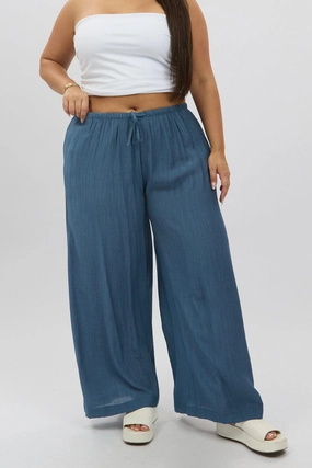 Mesh Lined Blue Textured Wide Leg Pants