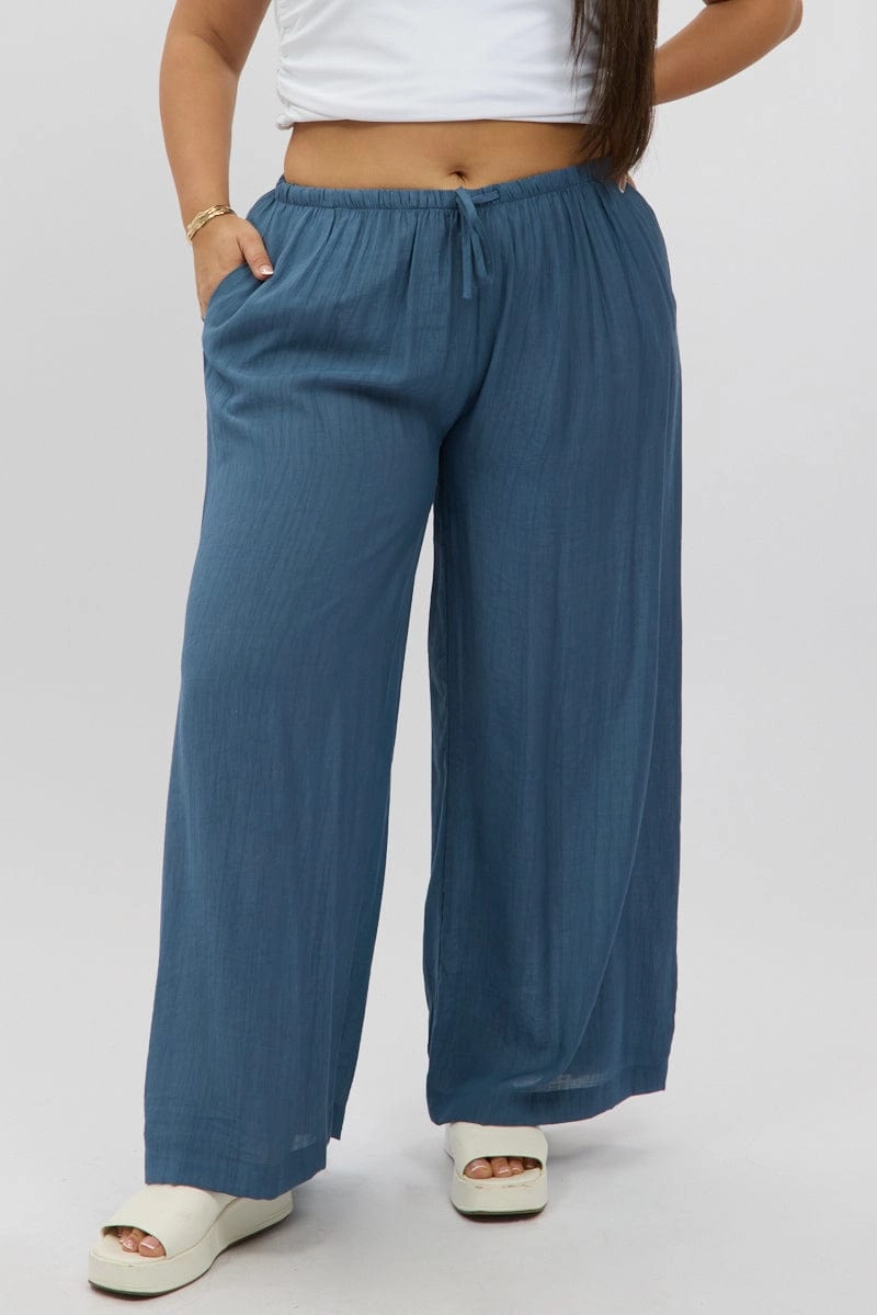 Effortless Style Blue Textured Wide Leg Pants