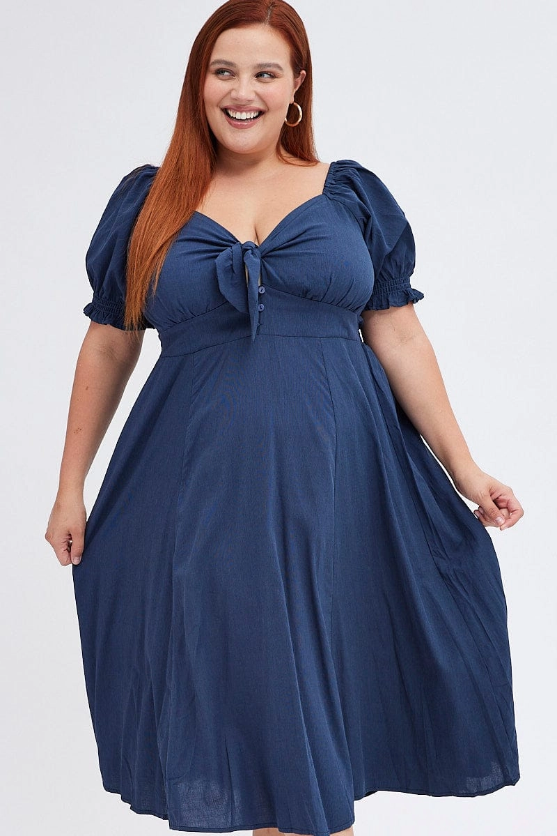 Clean Grace Blue Tie Front Button Midi Dress