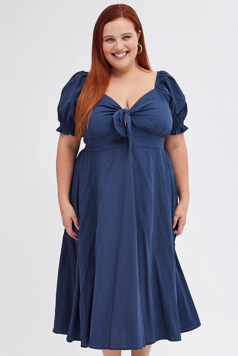 Blue Tie Front Button Midi Dress Perfectly Fitted
