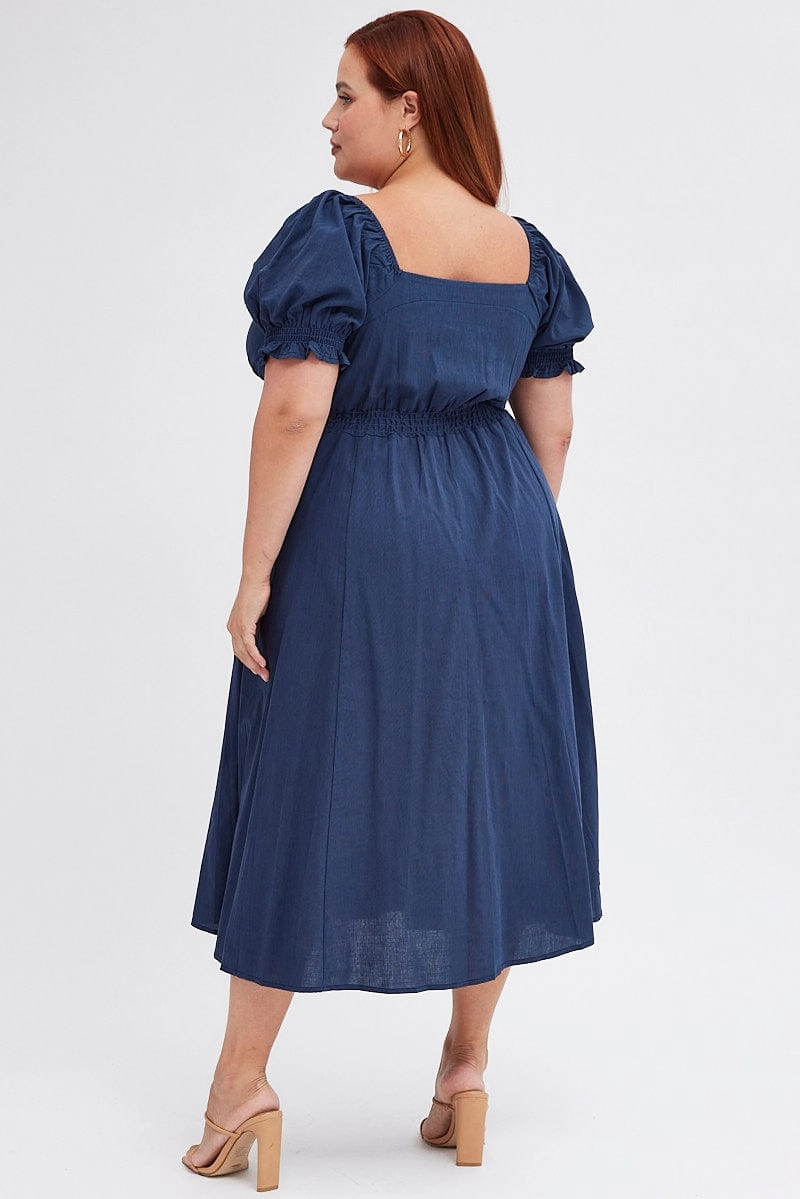 Blue Tie Front Button Midi Dress All-season garment