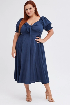 Blue Tie Front Button Midi Dress Fashionable Look Celebrity-Inspired