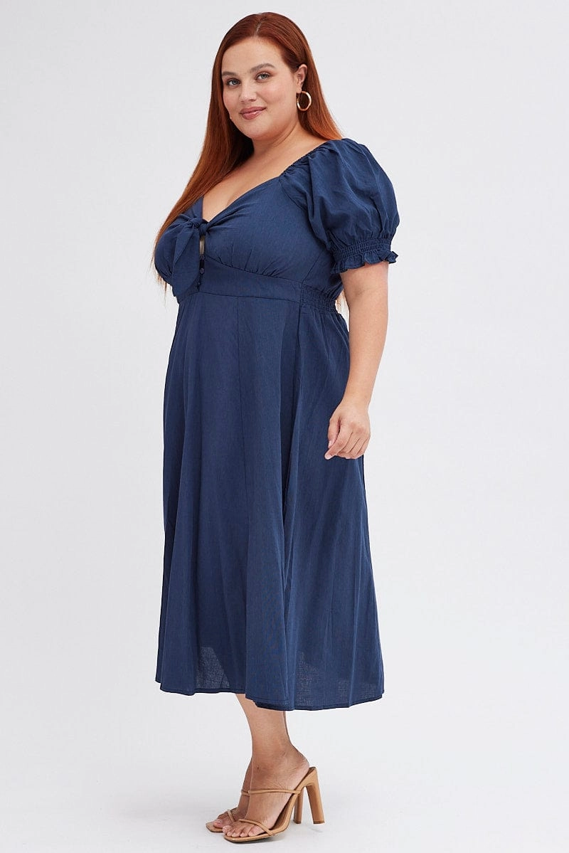 Cool Structure Blue Tie Front Button Midi Dress
