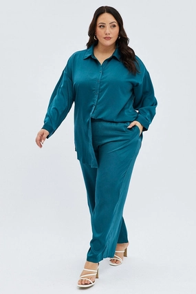 Blue Wide Leg Pants Satin Shirred Waist Pockets Weekend Style Adaptable Design