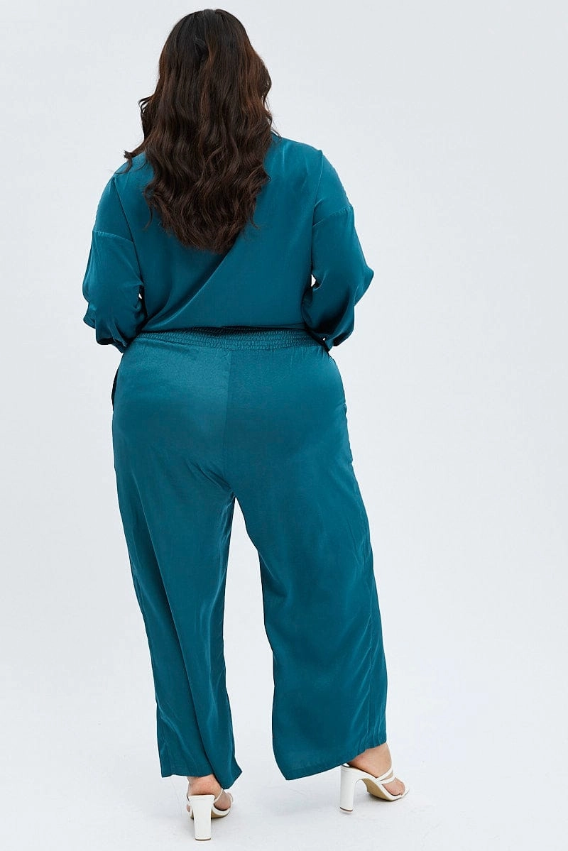 Casual Chic Look Slip Resistant Blue Wide Leg Pants Satin Shirred Waist Pockets
