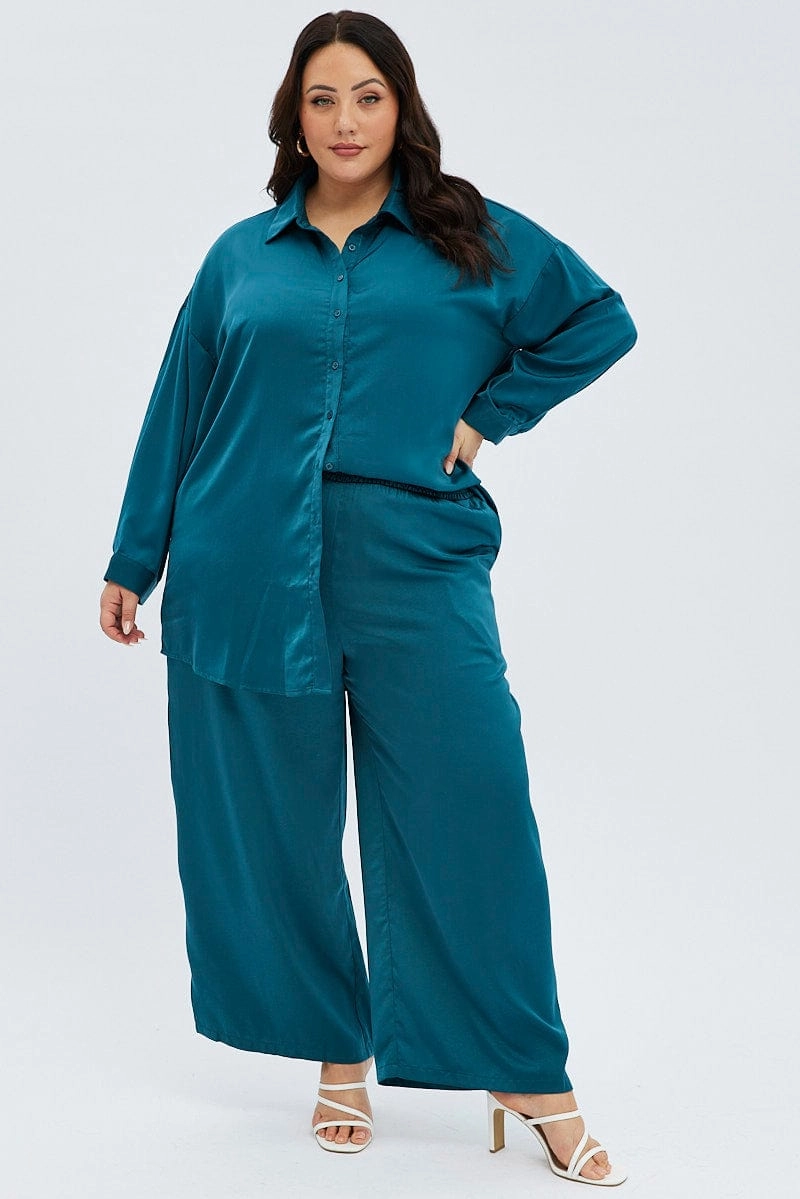 Chilly Day Comfort Comfort-First Blue Wide Leg Pants Satin Shirred Waist Pockets