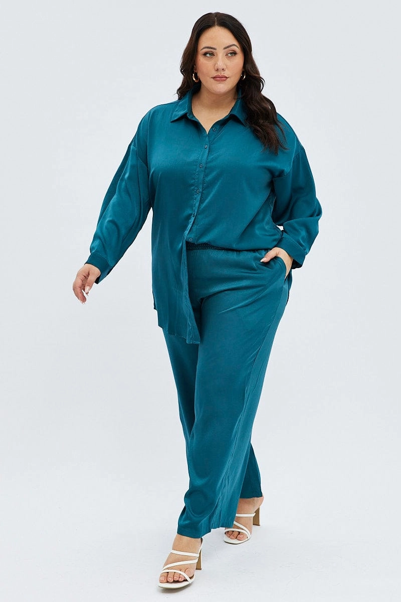 Blue Wide Leg Pants Satin Shirred Waist Pockets Weekend Style Adaptable Design