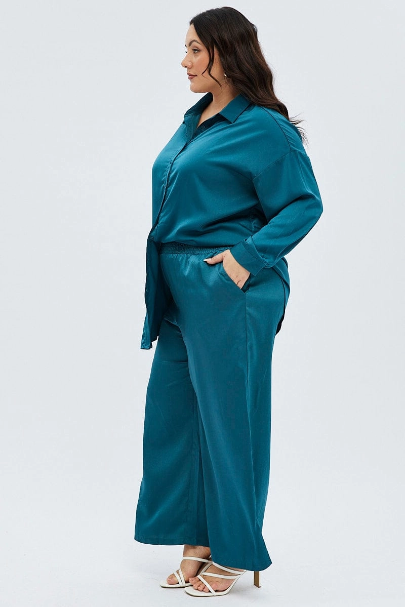 Wrinkle resistant fabric Blue Wide Leg Pants Satin Shirred Waist Pockets