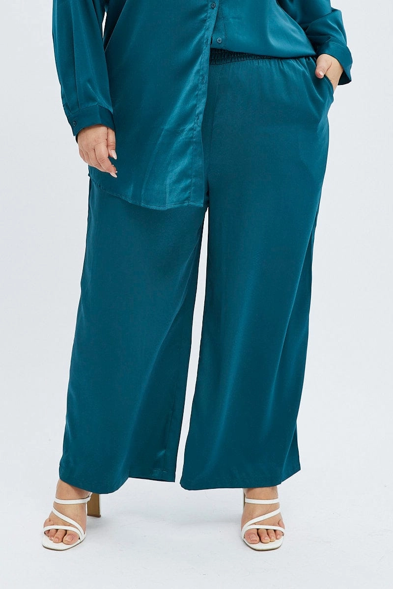Blue Wide Leg Pants Satin Shirred Waist Pockets Non Restrictive Fit