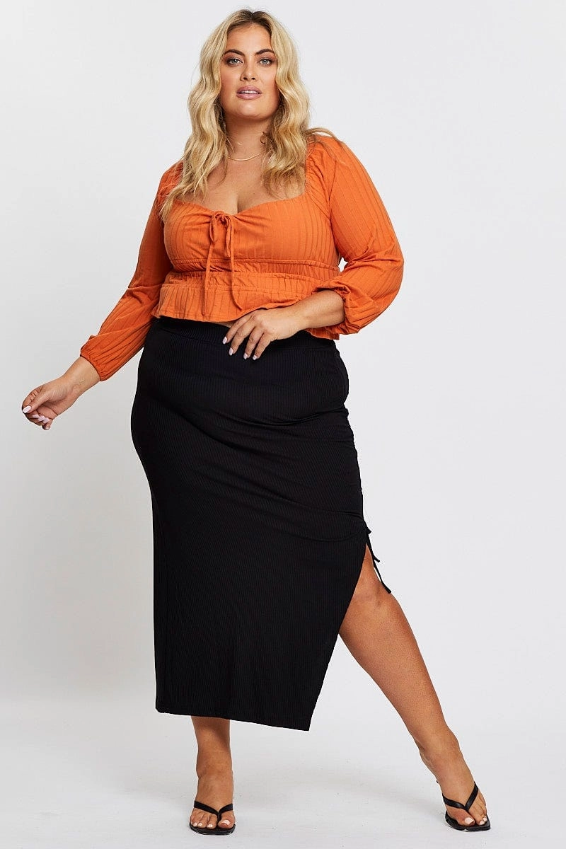 slim fit Fashion Collab Black Rib Ruched Midi Skirt