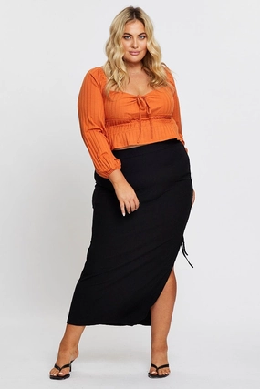 Black Rib Ruched Midi Skirt Front Slit Trendy Outfit