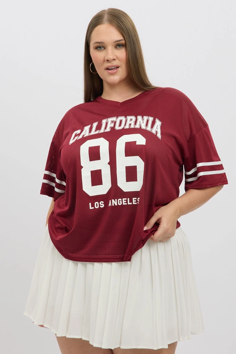 Red Graphic Tee Short Sleeve V Neck Recycled Polyester Essential Look