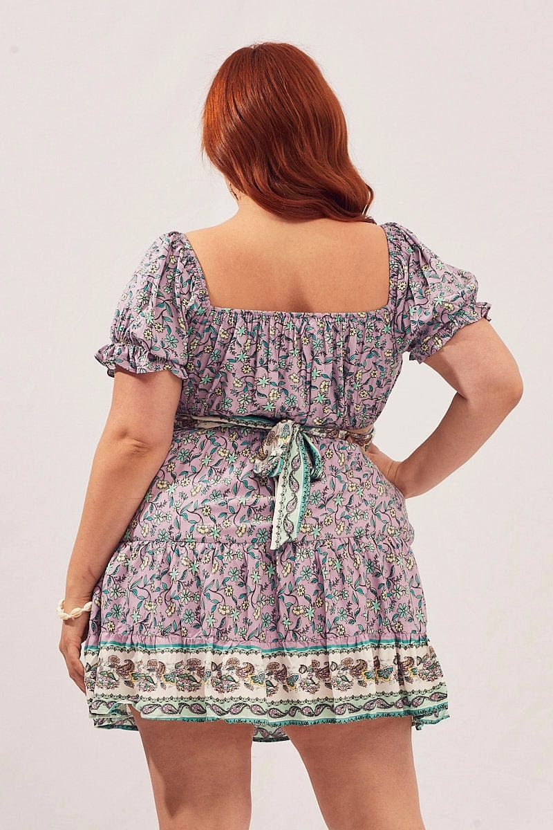 Boho Print Elastic Waist Boho Mini Skater Skirt Comfy Wear Subtle Shimmer