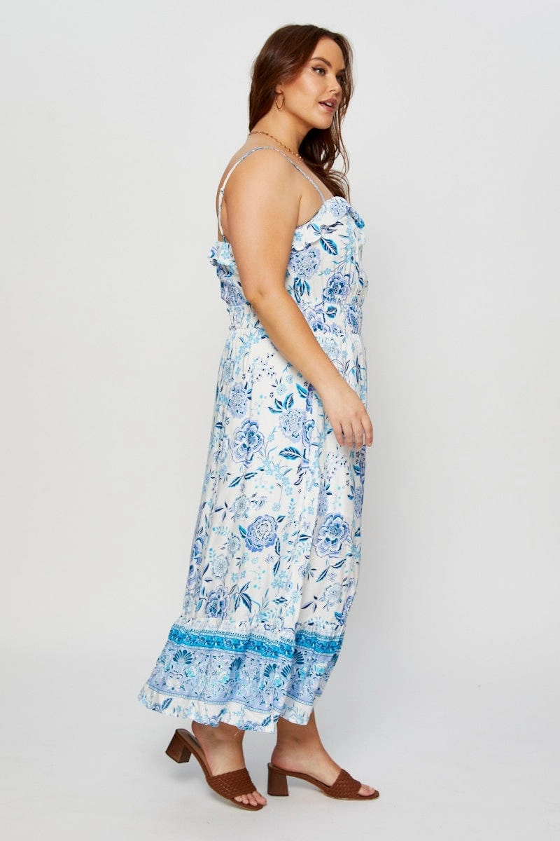 Comfy Design Boho Print Maxi Dress Square Neck Short Sleeve