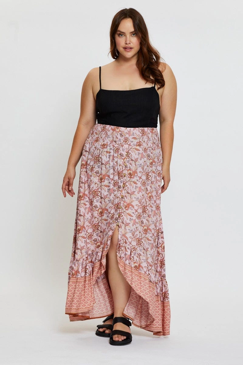 Boho Print Maxi Skirt High-low Layered Structure Embroidered Detail