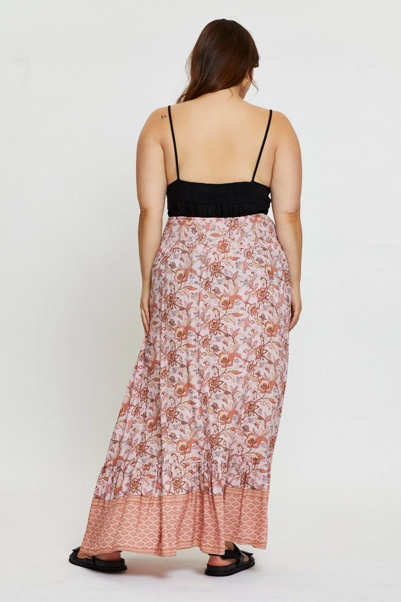 Tiered Design Cool Tone Boho Print Maxi Skirt High-low