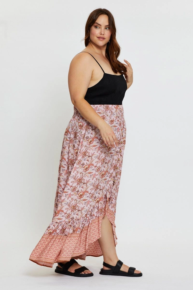 City Ready Tassel accents Boho Print Maxi Skirt High-low