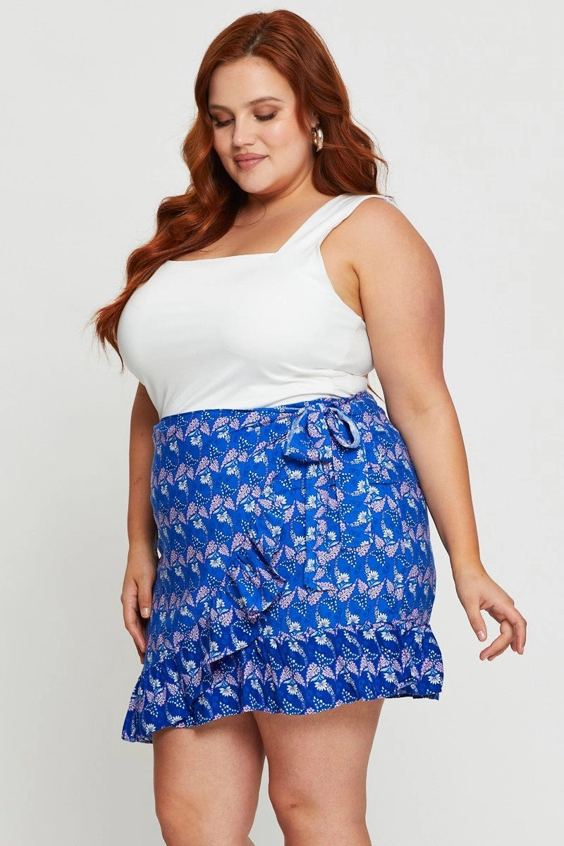 Boho Print Mini Skater Skirt Ruffle Hem Neutral Look