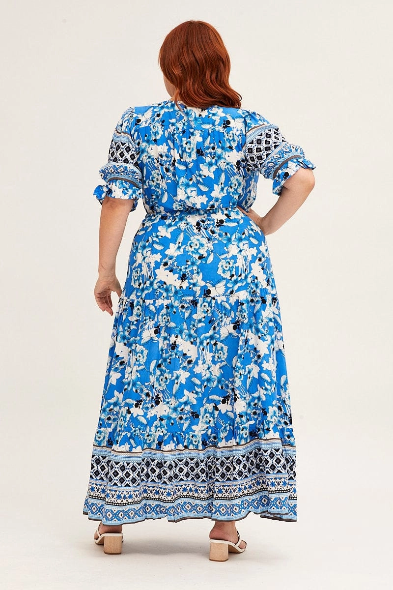 Comfortable and Soft Airy Silk Boho Print Short Bubble Sleeve Boho Print Maxi Dress